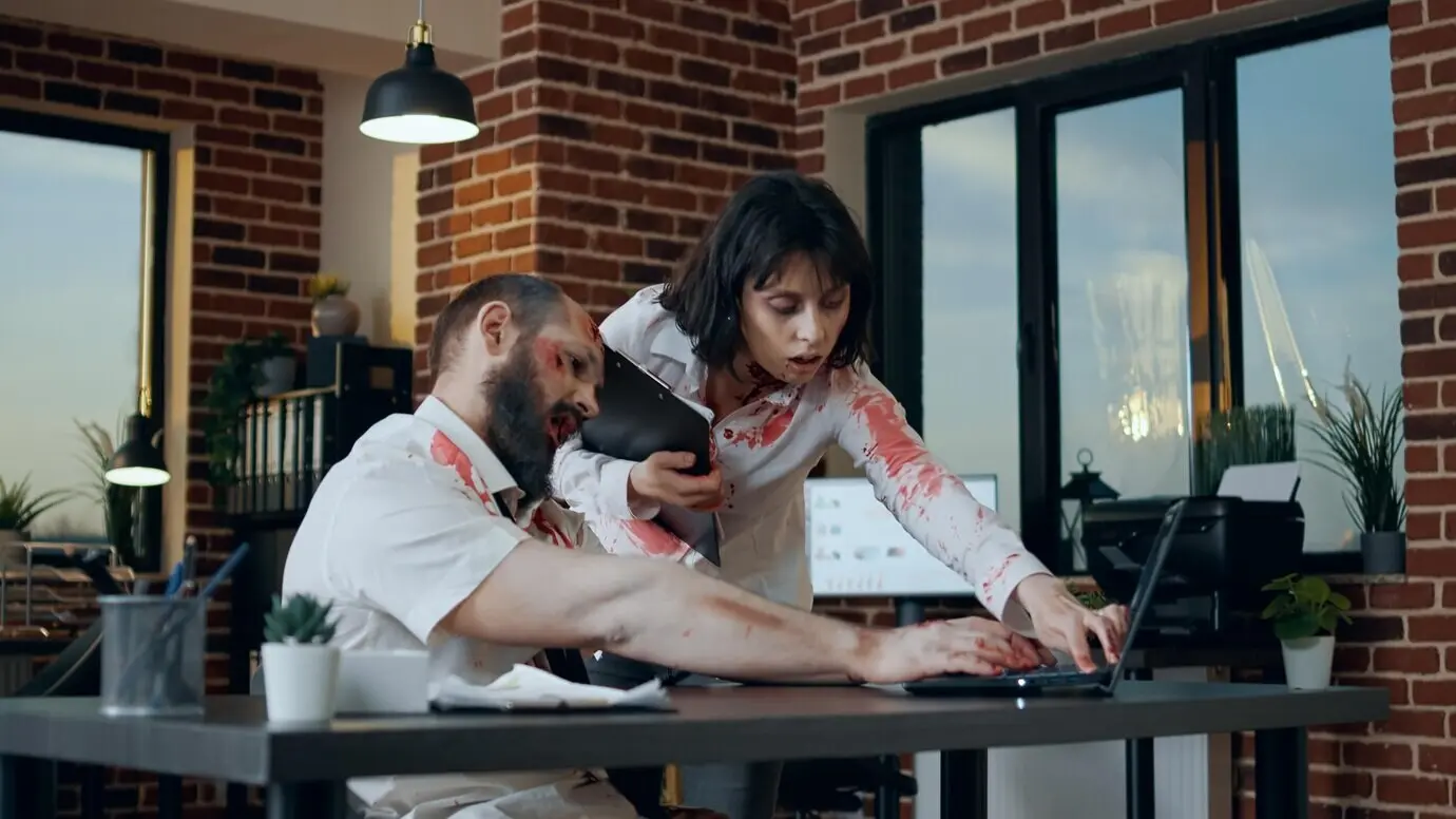 Страшный офисный зомби с кровавыми ранами в рабочем пространстве работает за современным ноутбуком. Злобное чудовище — пожиратель мозгов — с глубокими шрамами пытается пользоваться компьютером, когда приходит мёртвая жуткая ходячая женщина и помогает.